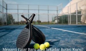 Visualisasi gedung Loka Padel yang tampak megah namun terbayangi oleh bayangan jeruji besi dan tumpukan uang suap.