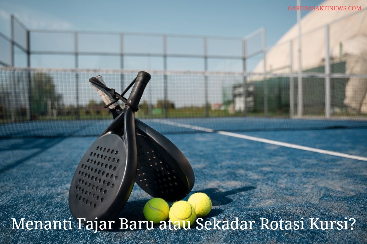 Visualisasi gedung Loka Padel yang tampak megah namun terbayangi oleh bayangan jeruji besi dan tumpukan uang suap.
