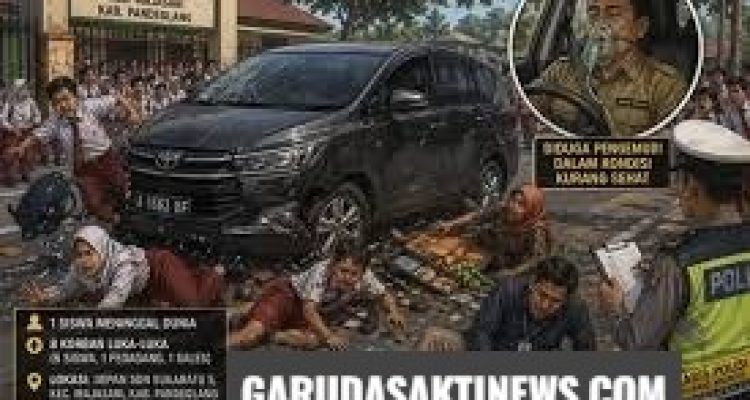 Mobil Toyota Innova yang terlibat kecelakaan maut di depan SDN Sukaratu 5 Pandeglang saat diamankan pihak kepolisian.