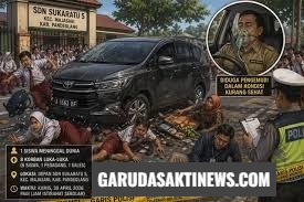 Mobil Toyota Innova yang terlibat kecelakaan maut di depan SDN Sukaratu 5 Pandeglang saat diamankan pihak kepolisian.